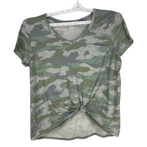 So Womens Camouflage V Neck Knot Front Short Sleeve Relaxed Fit Tee Size L